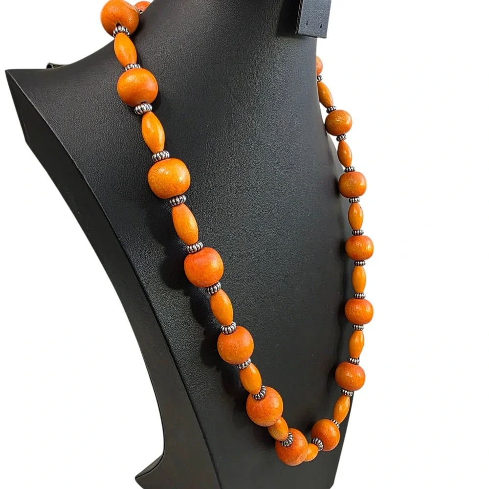 Chunky Statement Orange Necklace Set Carved Animal Pendant Wood Glass Boho Bold - Picture 7 of 7
